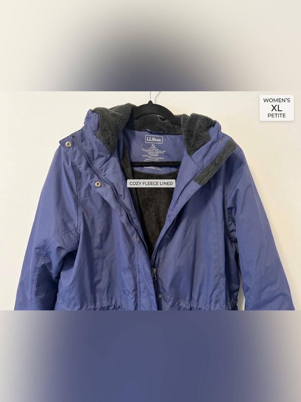 LL Bean Womens XL Petite Blue Winter Warmer Fleece Lined Parka Coat 271140